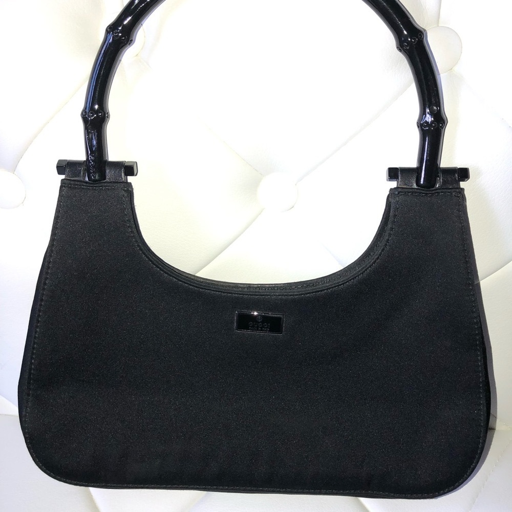 Gucci Black Satin Bamboo Handle Hobo Bag Black Gucci Purse Mini Satin Hobo Purse - Picture 2 of 10